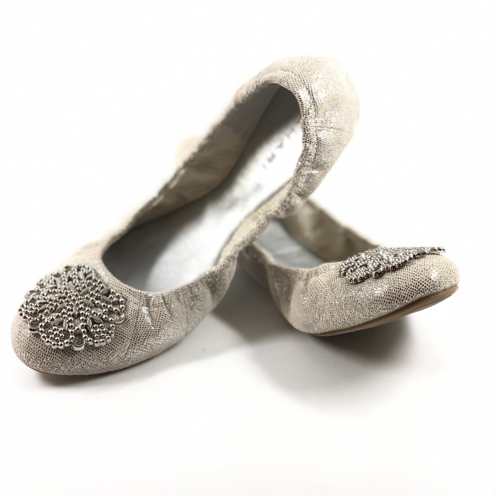 Flats- silver metallic w/ a jeweled brooch detail